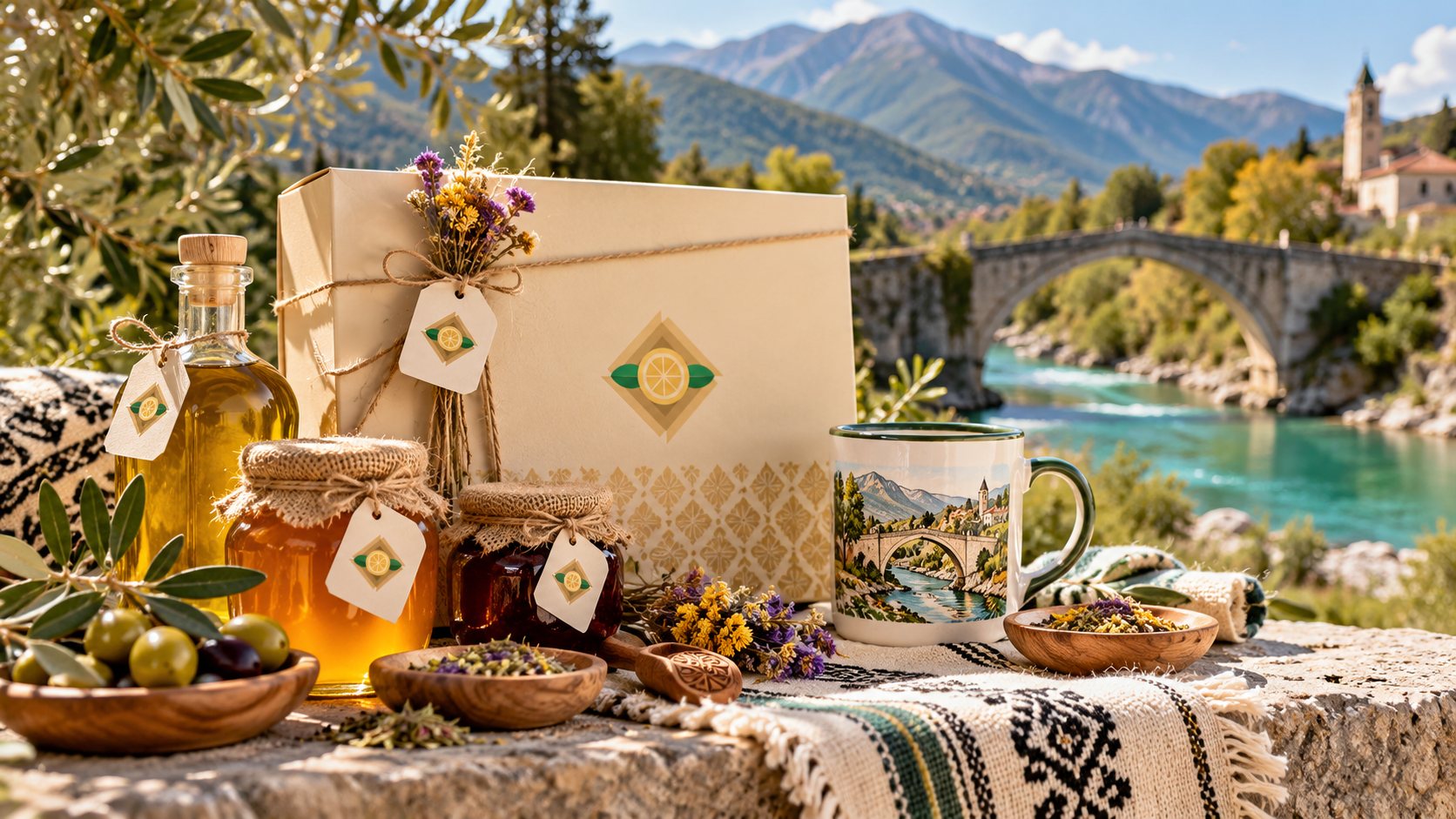 ArtiPak gift box with local honey, olive oil, mountain tea and a Përmet mug by the river Vjosa